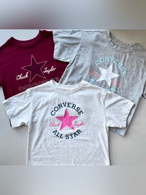 Converse Girls Medium Boxy Crop Tee Bundle 3 Graphic T Shirts Pink Gray (W XS/S)